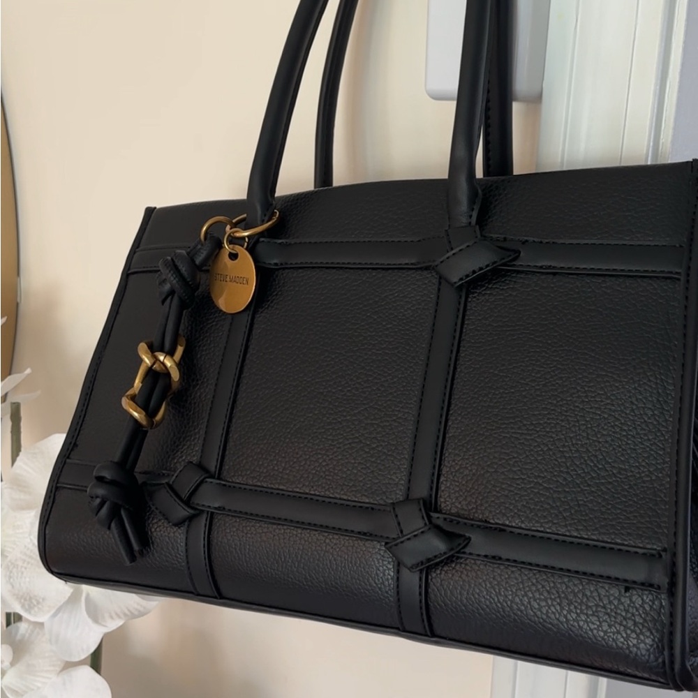 Steve Madden Black Paneled Tote with Gold Charm